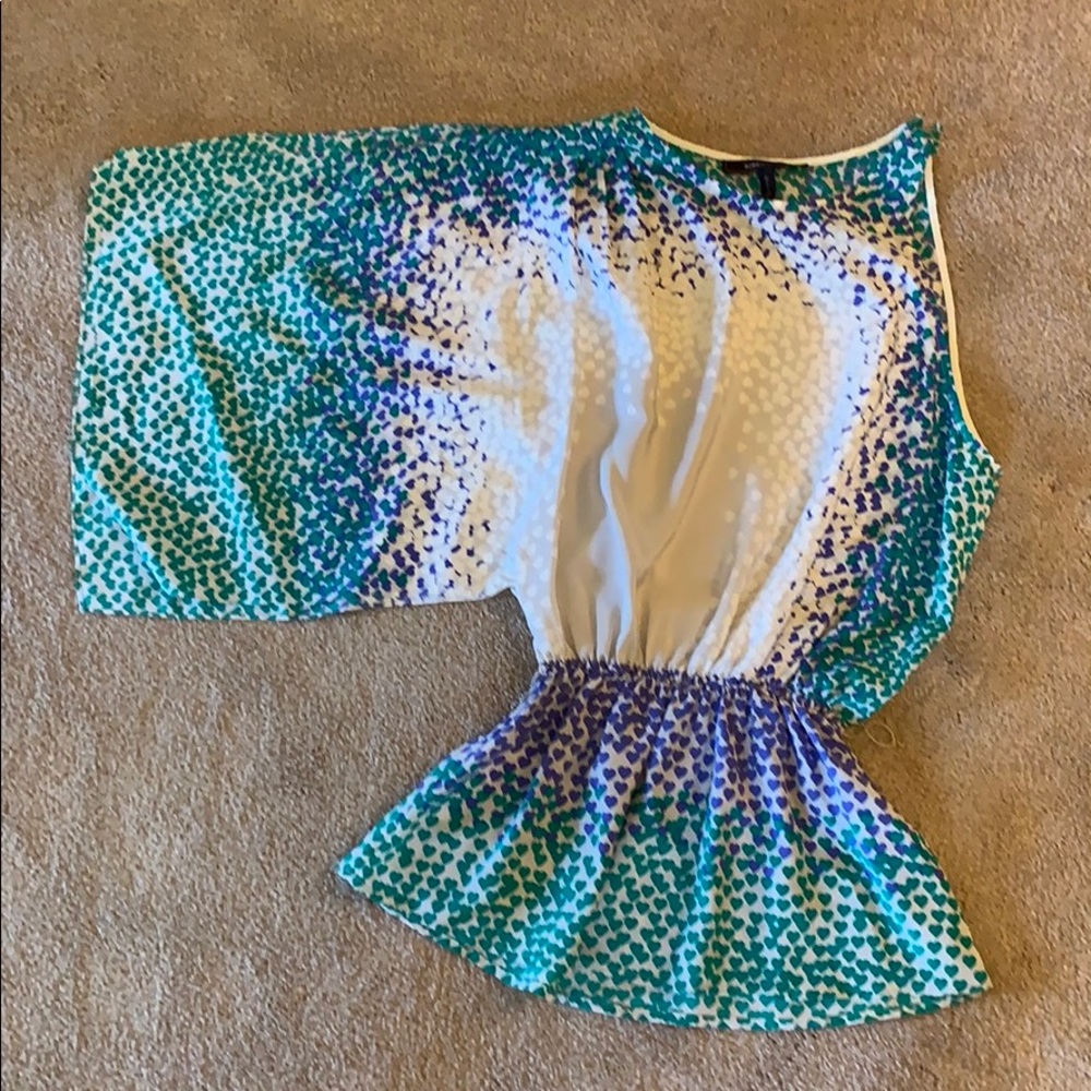 BCBG Emerald Heart silk blouse open shoulder